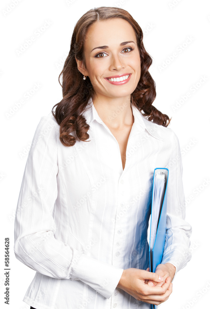 Smiling businesswoman with blue folder, on white Smiling businesswoman with blue folder, on white