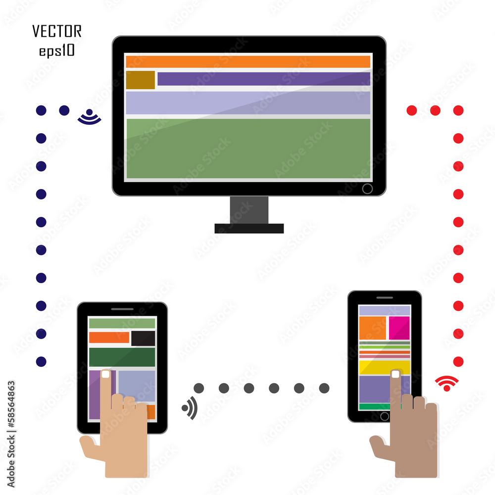 Hand touching smart phone and tablet with computer icon. Concept Hand touching smart phone and tablet with computer icon. Concept