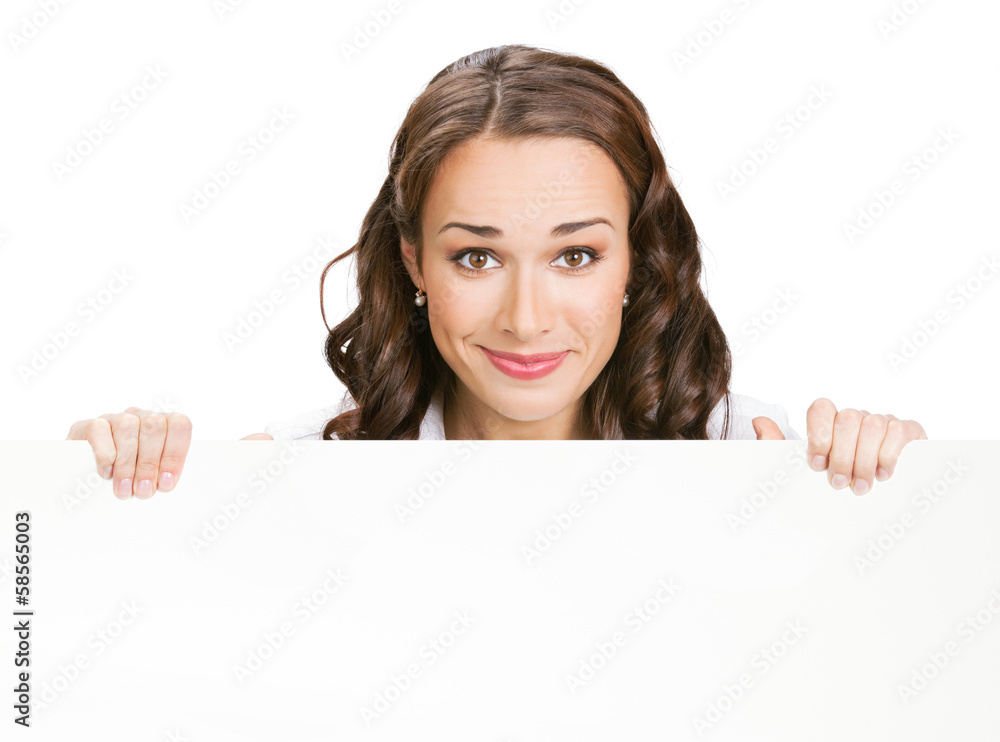 Businesswoman showing blank signboard, on white Businesswoman showing blank signboard, on white