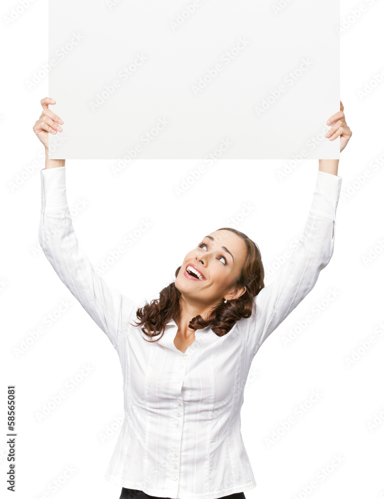 Businesswoman showing blank signboard, on white