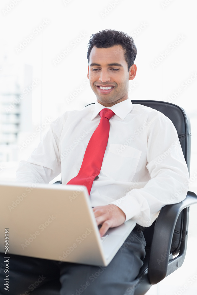 Smiling businessman using laptop at office Smiling businessman using laptop at office
