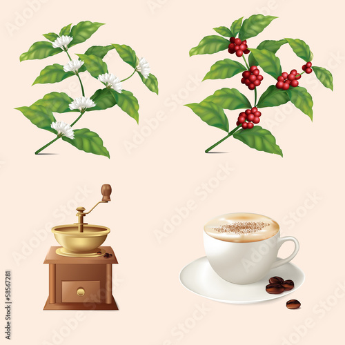Icons coffee: coffee grinder, mug, coffee grains