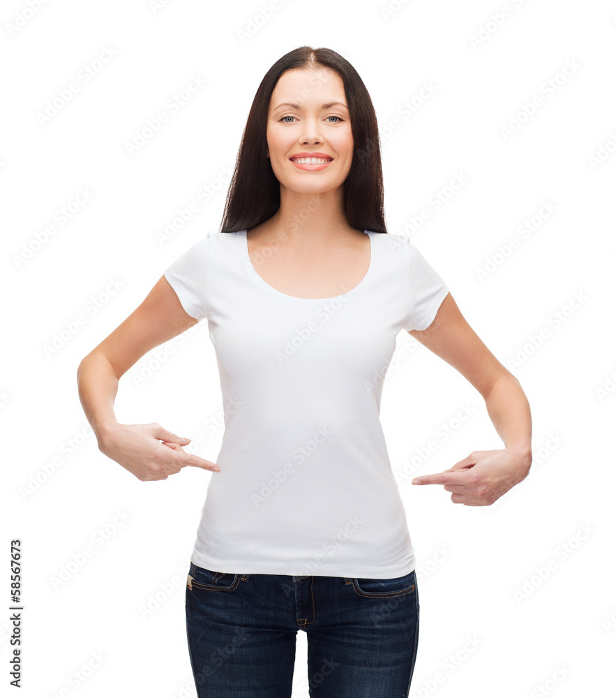smiling woman in blank white t-shirt smiling woman in blank white t-shirt