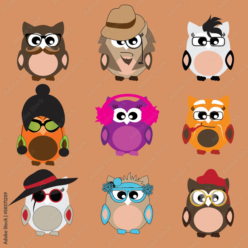 Naklejka set of comic owls