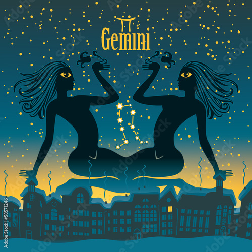 gemini sign in the starry sky night city
