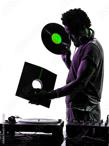 disc jockey holding vinyl man silhouette