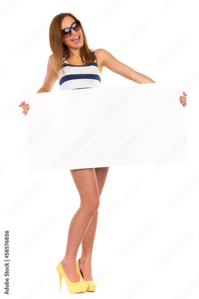 Shouting summer girl in swimwear with blank banner. Shouting summer girl in swimwear with blank banner.