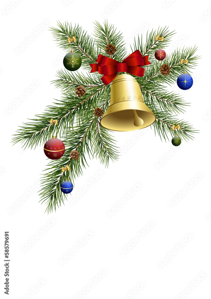 Weihnachtsdeko mit Tannenzweig und Glocke Stock-Vektorgrafik | Adobe Stock