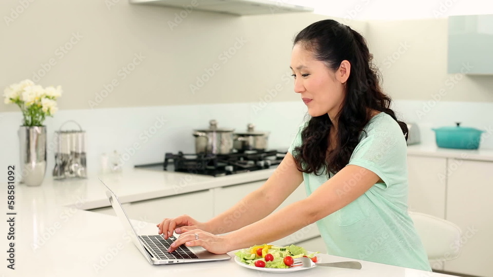 Smiling woman using laptop and eating salad Smiling woman using laptop and eating salad