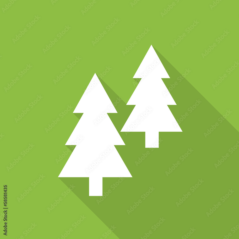 Fir trees icon with long shadow on light green background