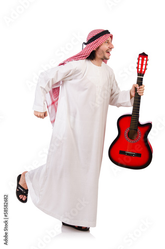 Arab man playing guitar isolated on white