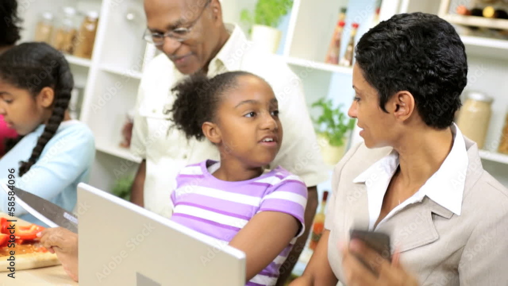 African American Grandparents Children Kitchen Mom Working African American Grandparents Children Kitchen Mom Working