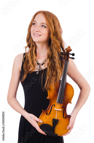 Woman with violin isolated on white