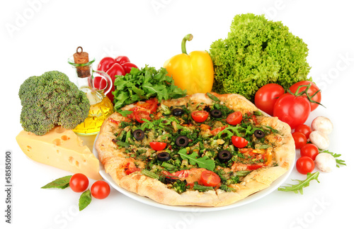 Tasty vegetarian pizza and vegetables  isolated on white