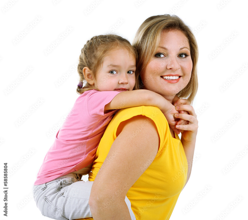 Beautiful mom with little daughter isolated on white Beautiful mom with little daughter isolated on white