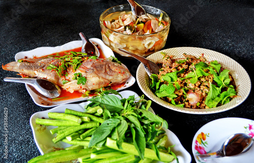 Lunch of Thai people. Steamed fish with lemon,