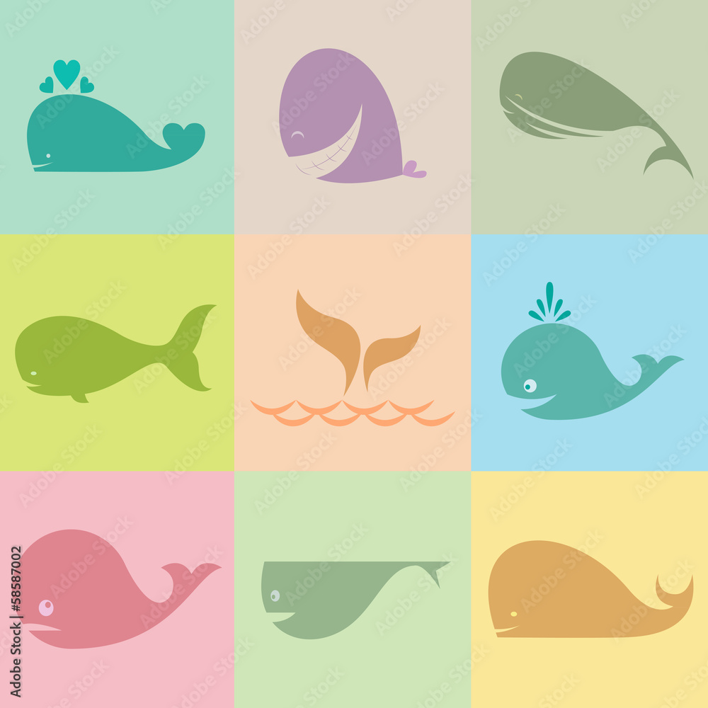 Set of vector whale icons Set of vector whale icons