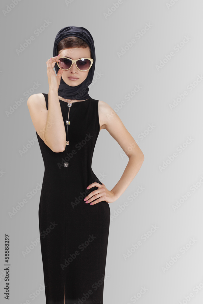 Fototapeta premium Beautiful woman brunette with sunglasses in retro style
