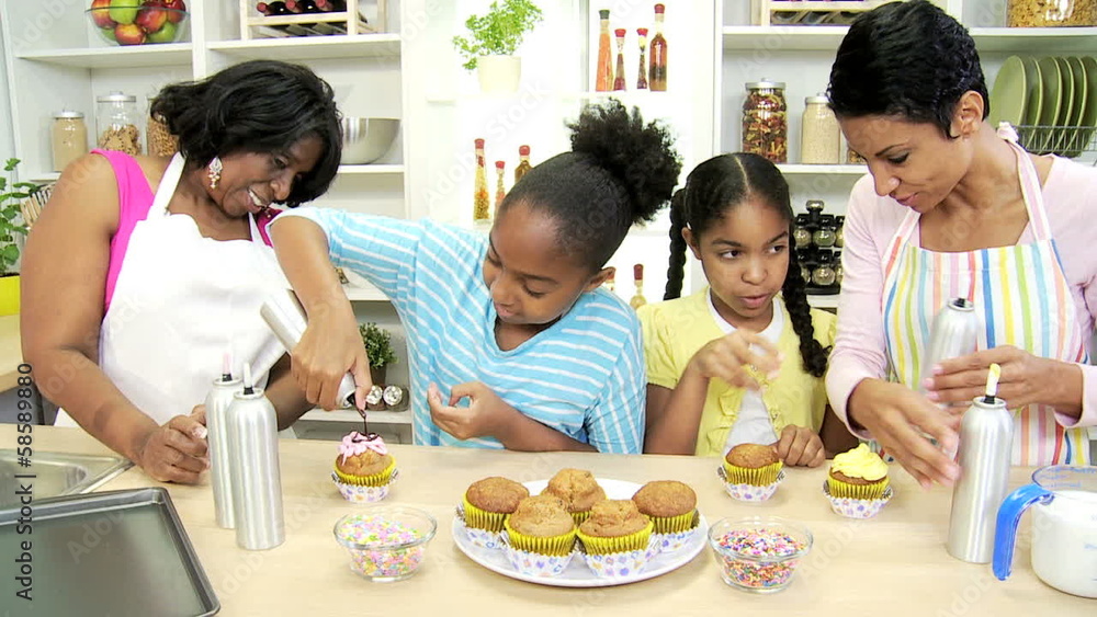 Young Ethnic Girls Icing Cakes Kitchen Mother Grandmother Young Ethnic Girls Icing Cakes Kitchen Mother Grandmother