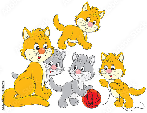 Ginger and gray kittens playing with their mommy