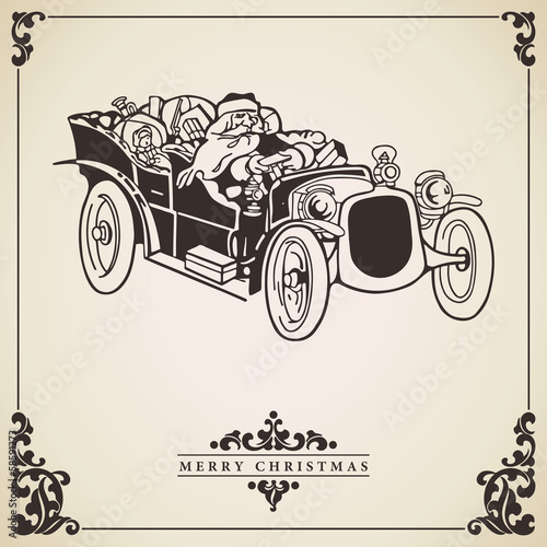 Santa Claus driving a car. Christmas card.