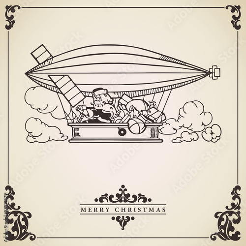 Santa Claus in dirigible. Vector card.