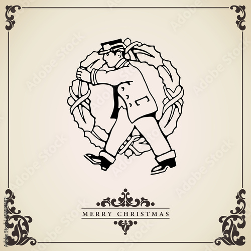 Postaman delivering big wreath. Christmas vector card.