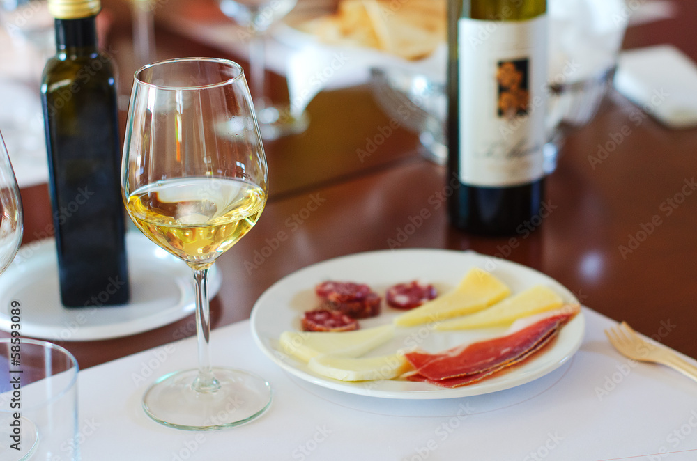 White wine in glass with Prosciutto and Cheese
