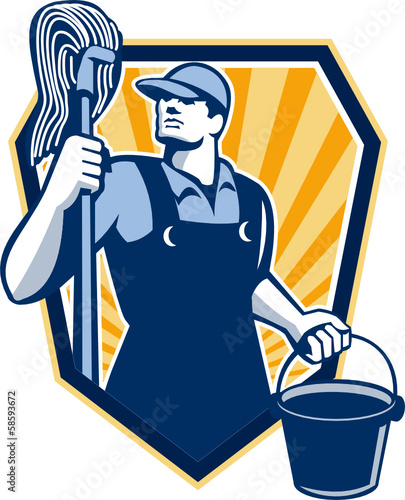 Janitor Cleaner Hold Mop Bucket Shield Retro