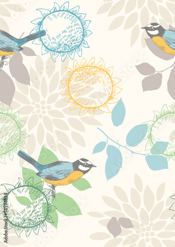 Seamless pattern with blue titmouses and flowers
