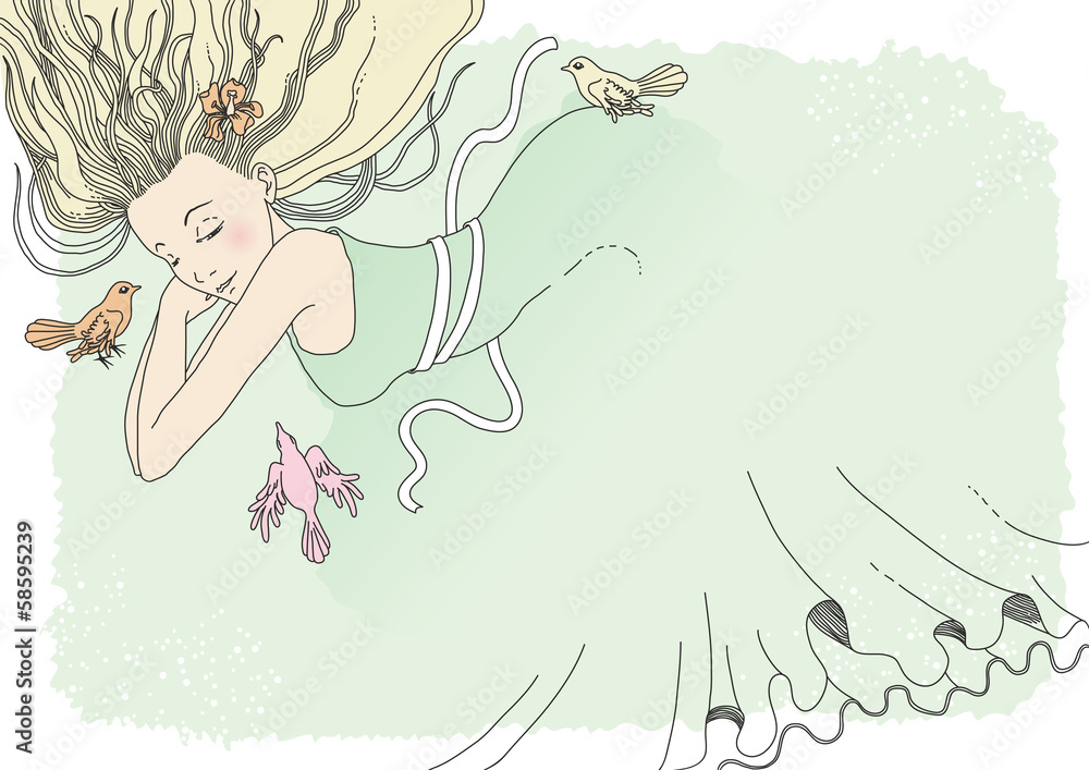 Birds wake young woman up - allegory of spring Birds wake young woman up - allegory of spring