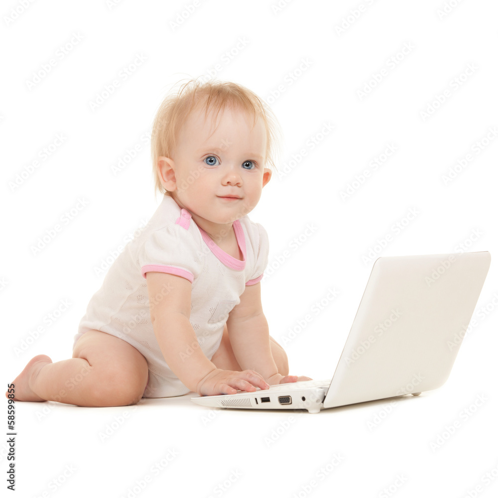 Cute baby with laptop on the white background Cute baby with laptop on the white background