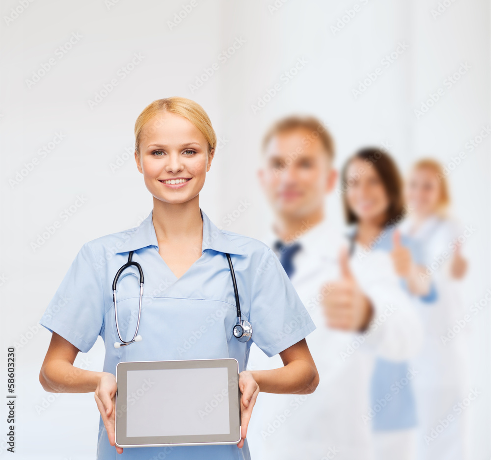 smiling female doctor or nurse with tablet pc