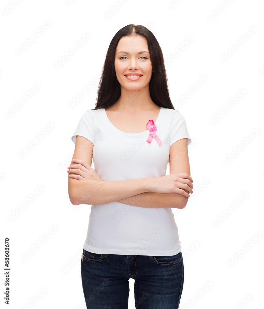 smiling woman with pink cancer awareness ribbon smiling woman with pink cancer awareness ribbon