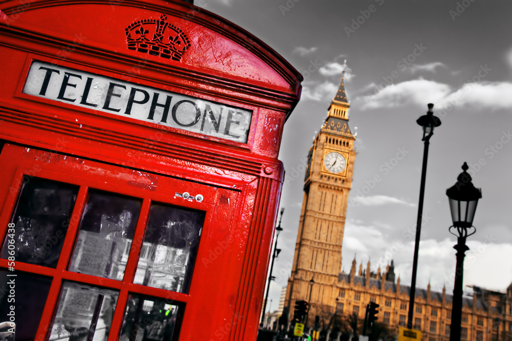 Red telephone booth and Big Ben in London, England, the UK - obrazy, fototapety, plakaty 