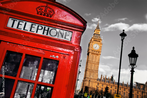 Red telephone booth and Big Ben in London, England, the UK