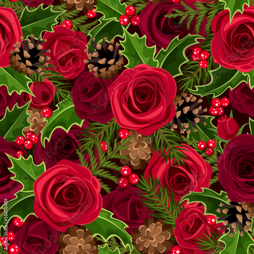 Christmas seamless background with roses and holly. Vector.