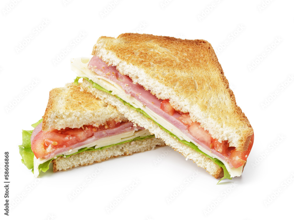 toasted sandwich with ham, cheese and vegetables - obrazy, fototapety, plakaty 