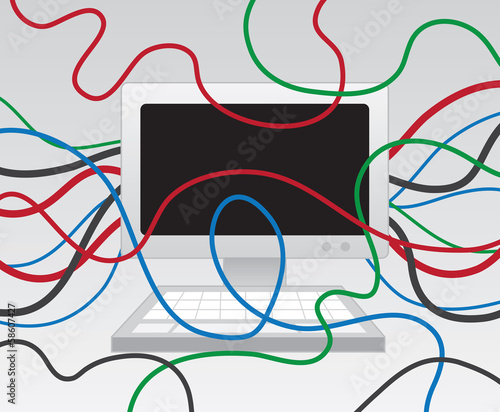 Computer with a huge mess of wires