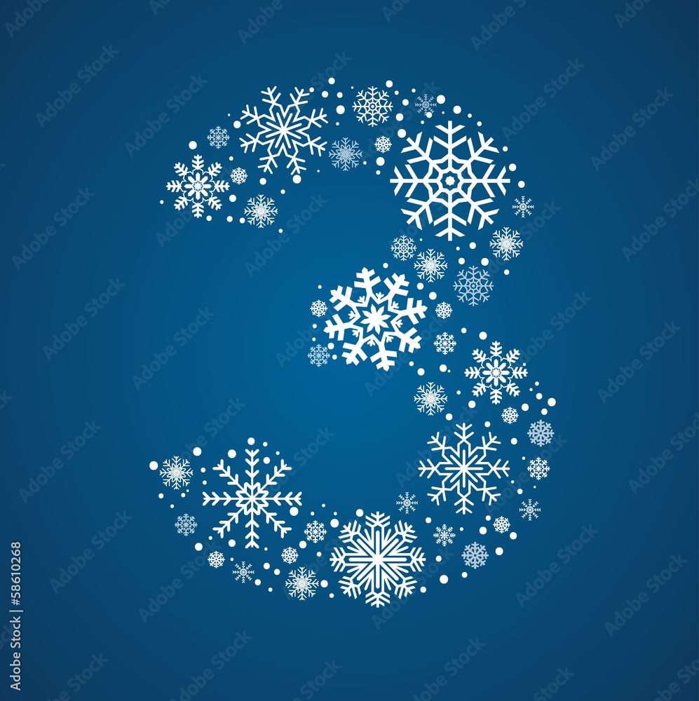 Number 3 vector font frosty snowflakes