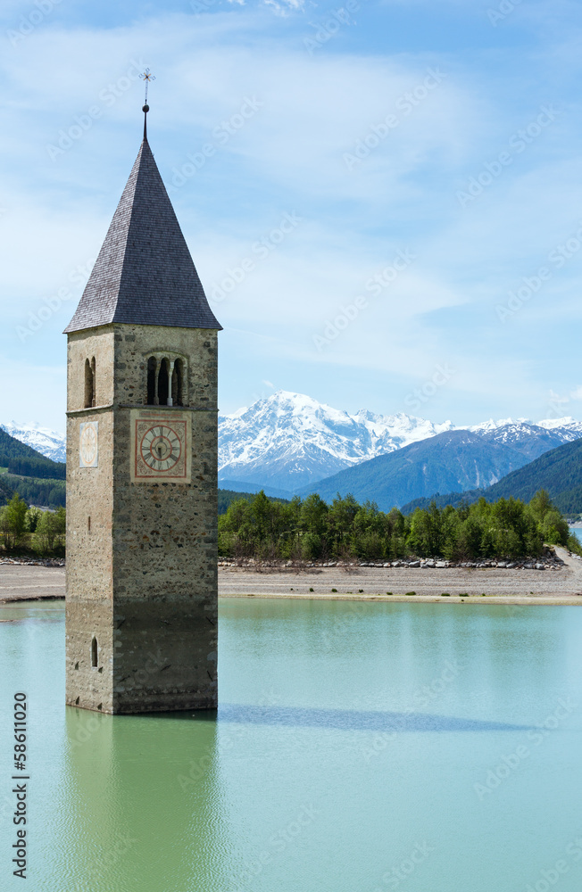 The bell tower in Reschensee (Italy).