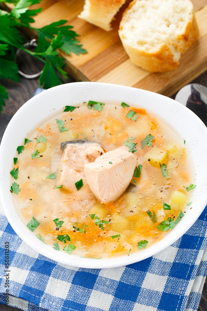 Healthy fish soup made of salmon Healthy fish soup made of salmon