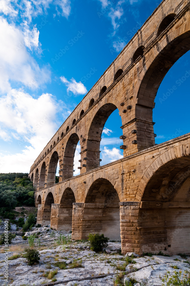 Pont du Gard close view of aqueduct vertical