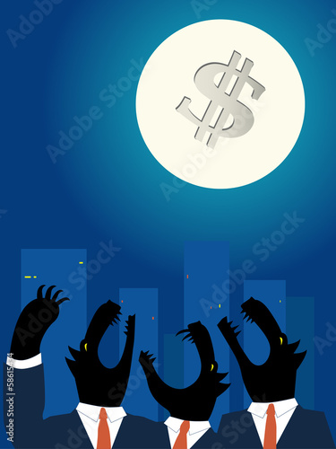 Downtown business wolves holwing at the full  Moon