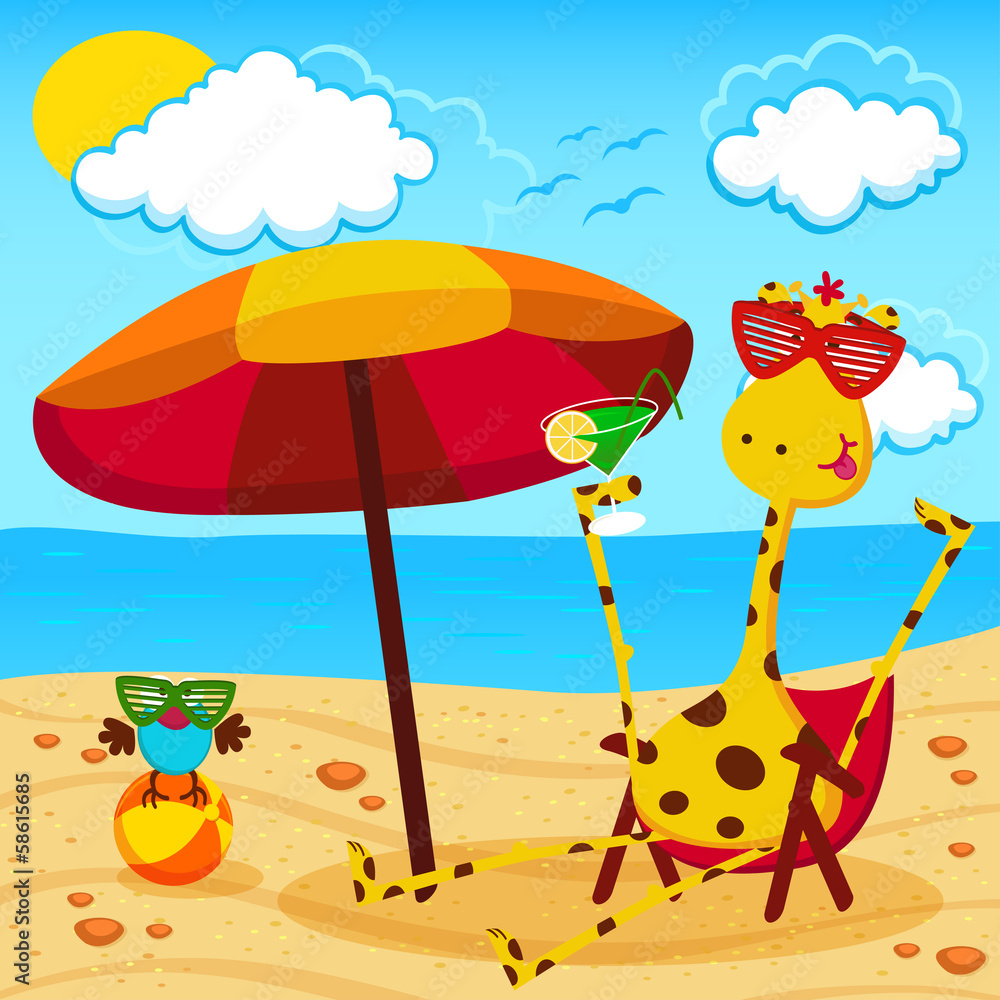 Naklejka premium giraffe and a bird on the beach - vector illustration