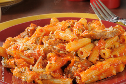 Italian sausage and meatballs on rigatoni