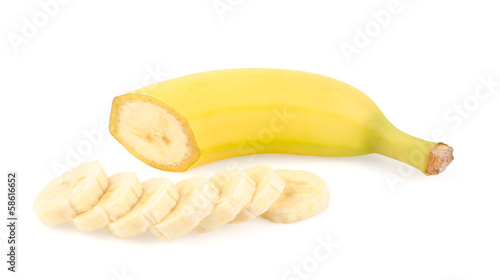 Ripe Yellow Banana and Slices Isolated on White Background