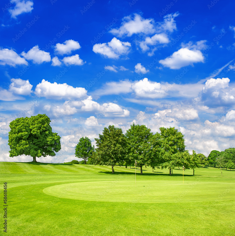 Fototapeta premium green golf course and blue cloudy sky