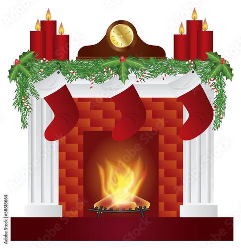 Fireplace with Christmas Decoration Vector Illustration