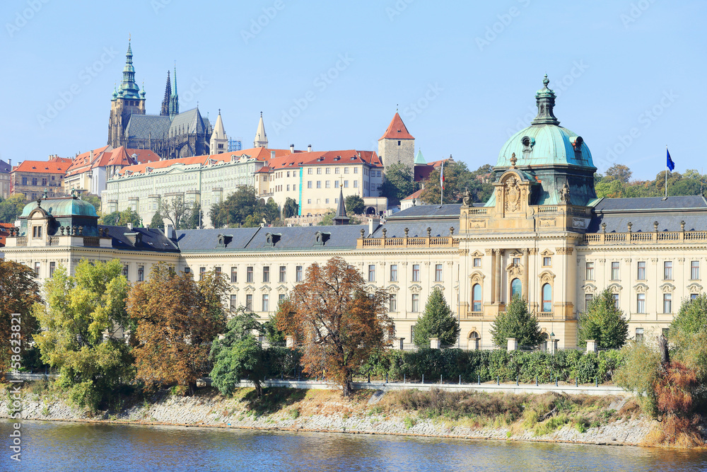 Autumn Prague gothic Castle above River Vltava, Czech Republic